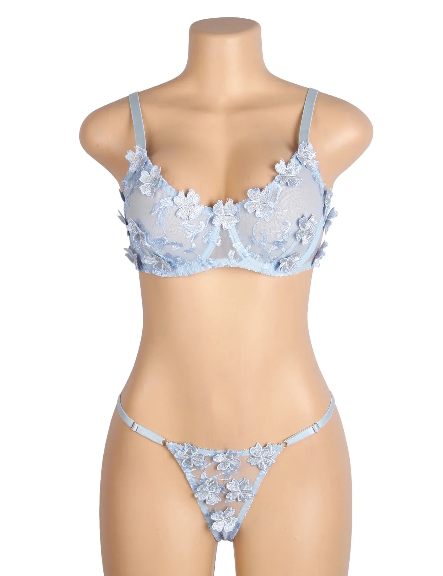 Blue Floral Lace Mesh Bra and Panties Set for Women Push Up Underwire Adjustable Straps Daily Sleepwear Romantic Fancy Lingerie