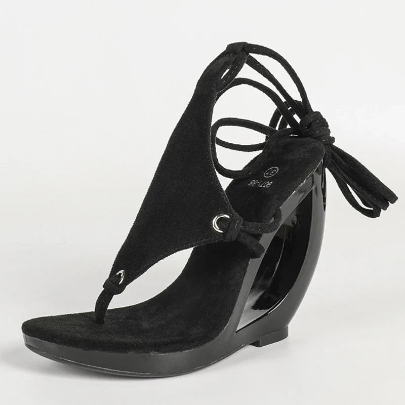 Strange Style Hollow Wedge Sandals Women Summer Platform Clip Open Toe Ankle Cross Strap Pink High Heels Party Prom Shoes