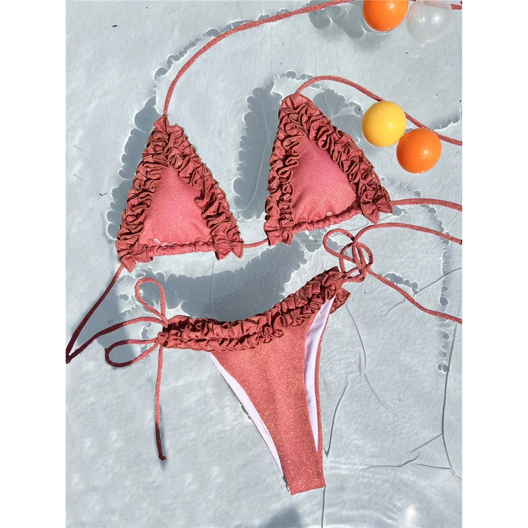XS - L Shiny Frilled Halter Strappy Bikini Women Swimwear Female Swimsuit Two-pieces Bikini set Bather Bathing Suit Swim K7061