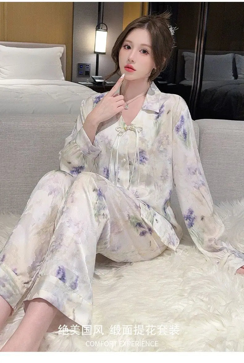 Spring and summer new Chinese style pajamas, ice silk long sleeves, large size home clothes set, retro buckle home clothes