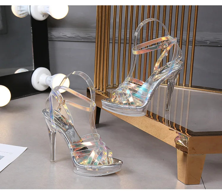 PVC Transparent Crystal Sandals Women Gold Silver Wedding Holographic Summer Jelly Shoes Ladies Thin High Heels Sandalias Mujer