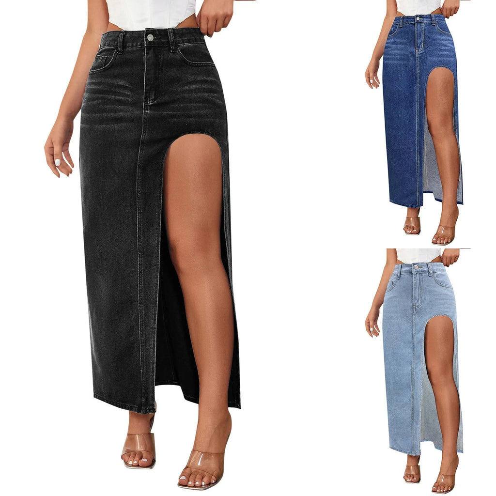 Women's Casual High Waisted Denim Skirt Side Split Casual Sexy Nigh Out Long Maxi Cargo Denim Skirt Summer New Y2k Streetwear