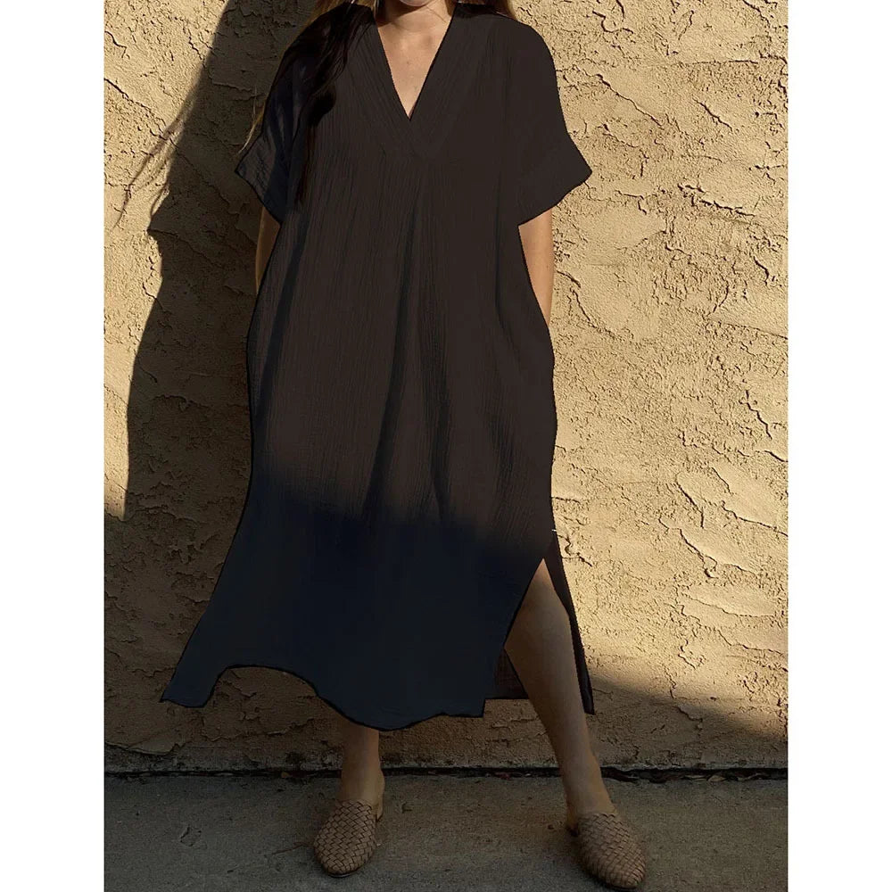 Beach Cover-ups for Women 2026 Solid Color Sexy V-neck Short Sleeve Loose Long Robe Dress Sun Protection Beachwear PZMZ09