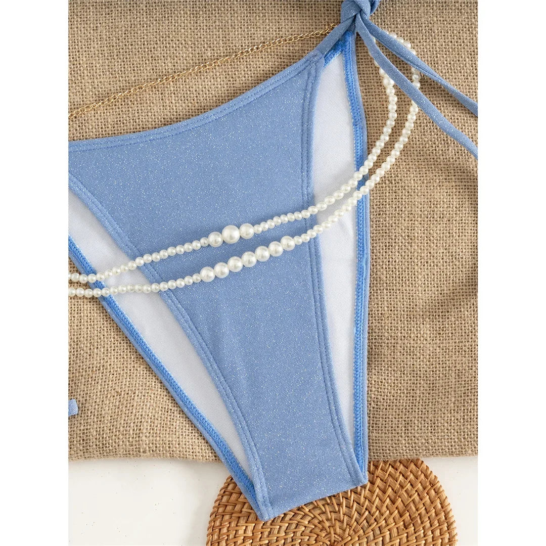 2026 Glitter Sparkling Pearls Halter Bikini Women Swimwear Female Swimsuit Two-Pieces Bikini Set Bather Bathing Suit Swim V8342