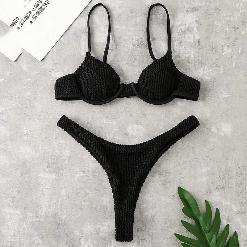Wrinkled Underwired V-Bar Bikini Swimsuit Female Swimwear Women Two-pieces Bikini set High Cut Bather Bathing Suit Swim Lady