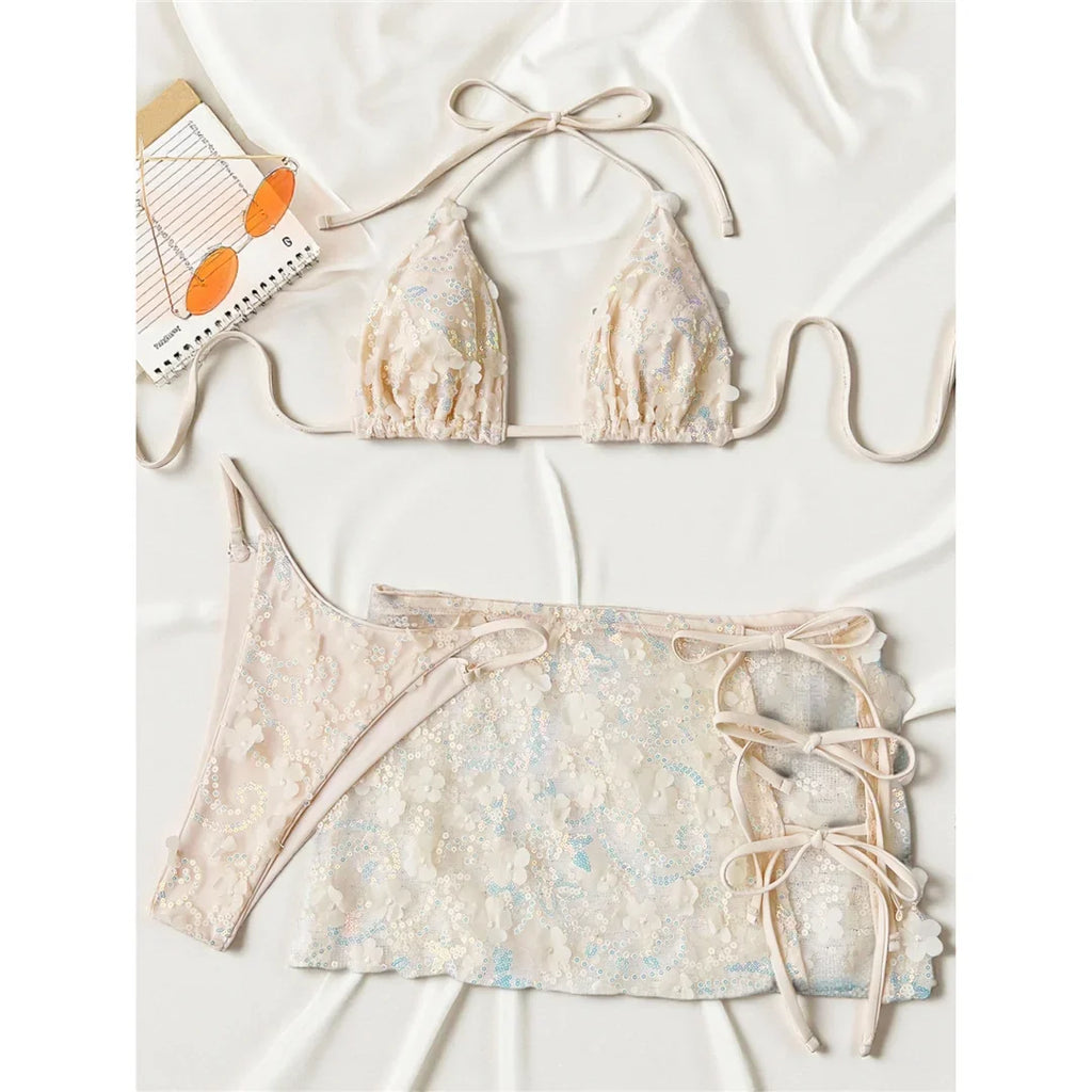 S - XL Three-pieces Bikini set With Skirt Flowers Sequins Bikini Female Swimsuit Women Swimwear Bather Bathing Suit Swim V7864