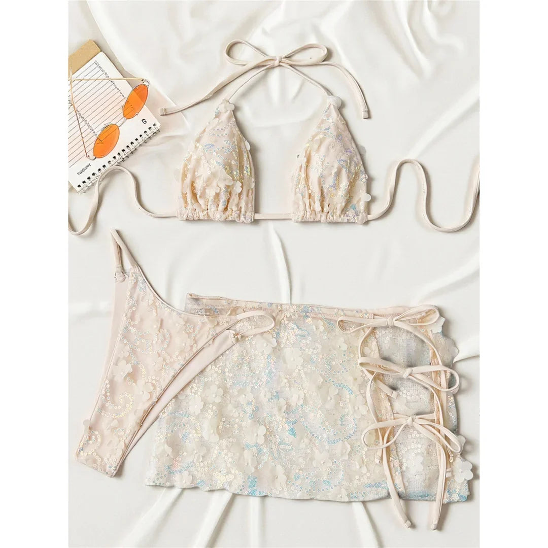 S - XL Three-pieces Bikini set With Skirt Flowers Sequins Bikini Female Swimsuit Women Swimwear Bather Bathing Suit Swim V7864