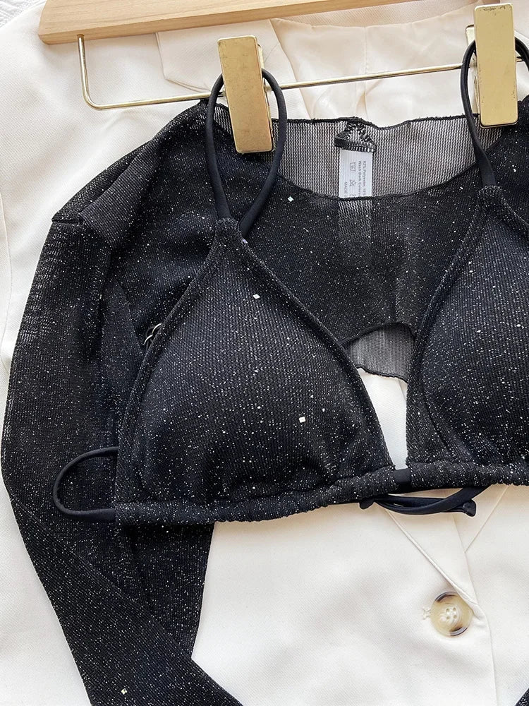 with Long Sleeves Cover Bling Mini Micro Bikini Female Swimsuit Women Swimwear Three-pieces Bikini Set Beach Bathing Suit Swim
