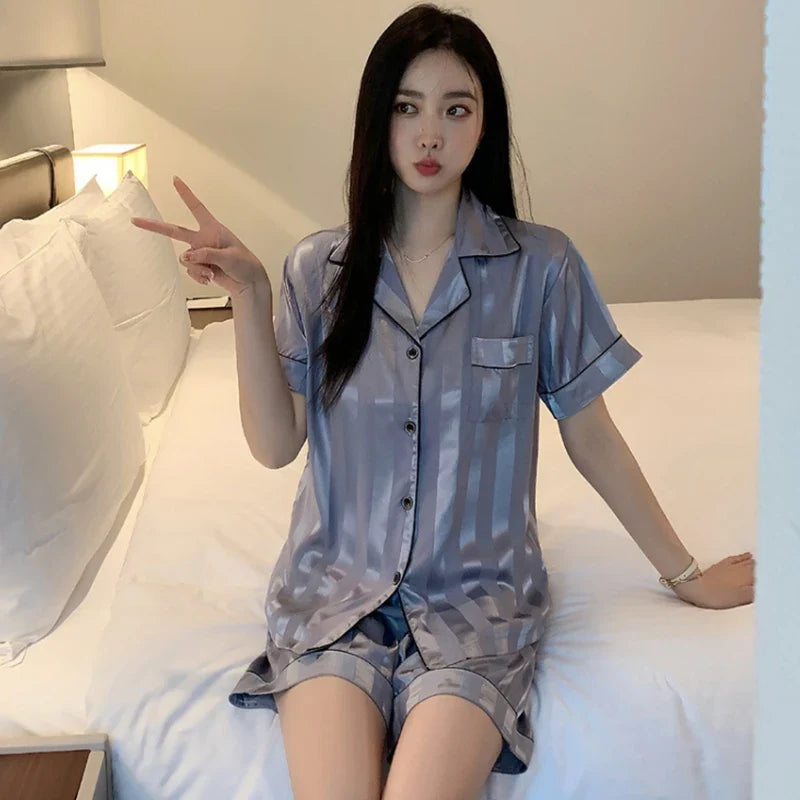Women's Sleepwear1 Set Women's Elegant Lounge Set, Plus Size Satin Striped Button Up Long Sleeve Shirt & Pants Pajamas