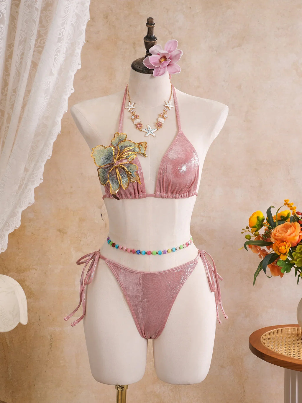 Women embroidery flower glitter metallic bikinis sets 3pcs with split mini skirt swimsuit bathing suit beach outfits biquini