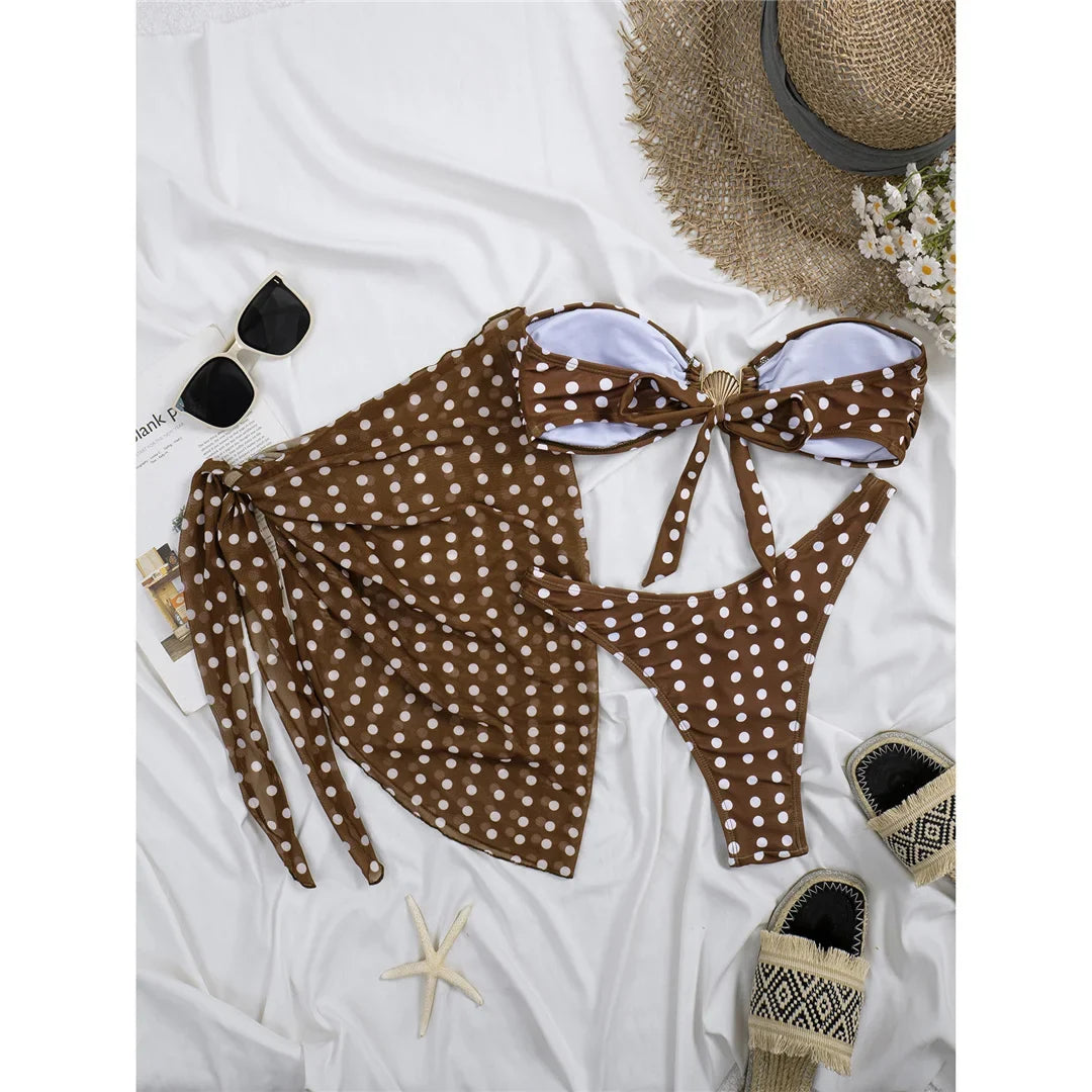 3PCS With Sarong Polka Dots Bandeau Bikini Women Swimwear Female Swimsuit Three-Pieces Bikini Set Bather Bathing Suit Swim V8189