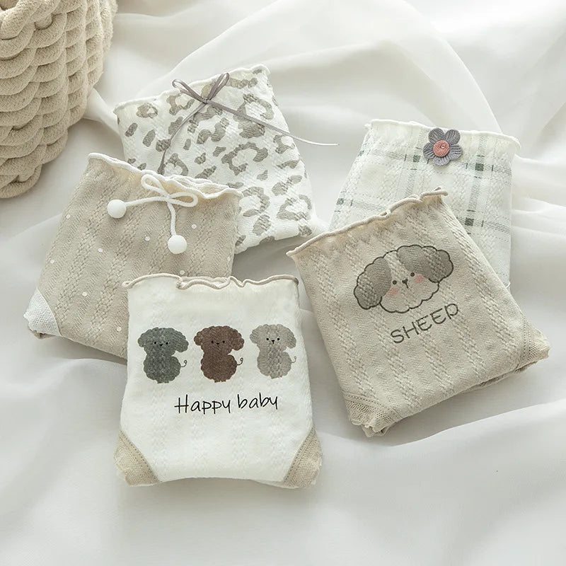 1 Pack Cute Cartoon Ruffled Briefs Cotton Panties Women Low Waist Underwear Breathable Fabric Comfortable Lingerie M-XL