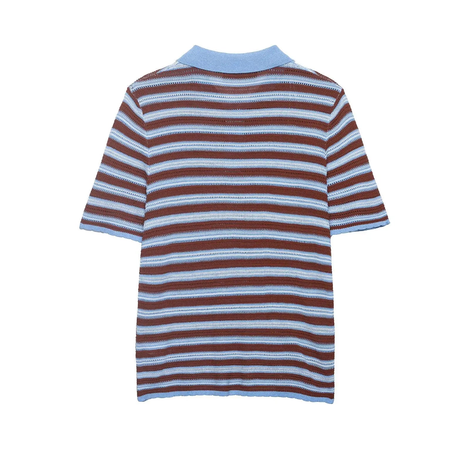 Fashion Casual Striped Knit Polo Shirt Striped Knit Shirt For Women Blue Brown Short Sleeve Hollow Out Casual Summer Top UEZ7