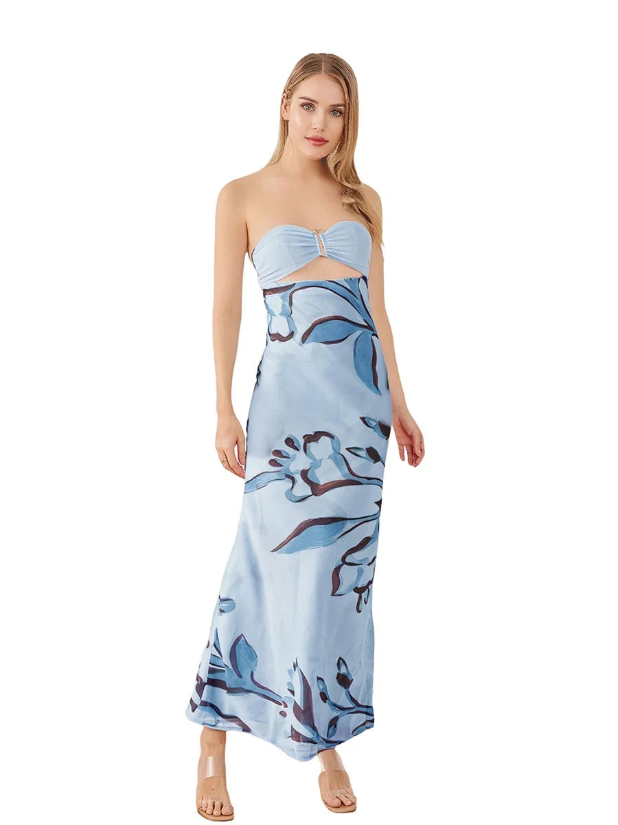 Women Floral Print Tie Backless Dress for Bohemian Party Evening Ring Cut Out Strapless Bodycon Long Dresses