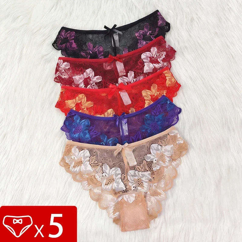 5pcs Lace Sexy Women Panties Mid Waist Perspective Floral Ladies Briefs Breathable Comfortable Female Underwear
