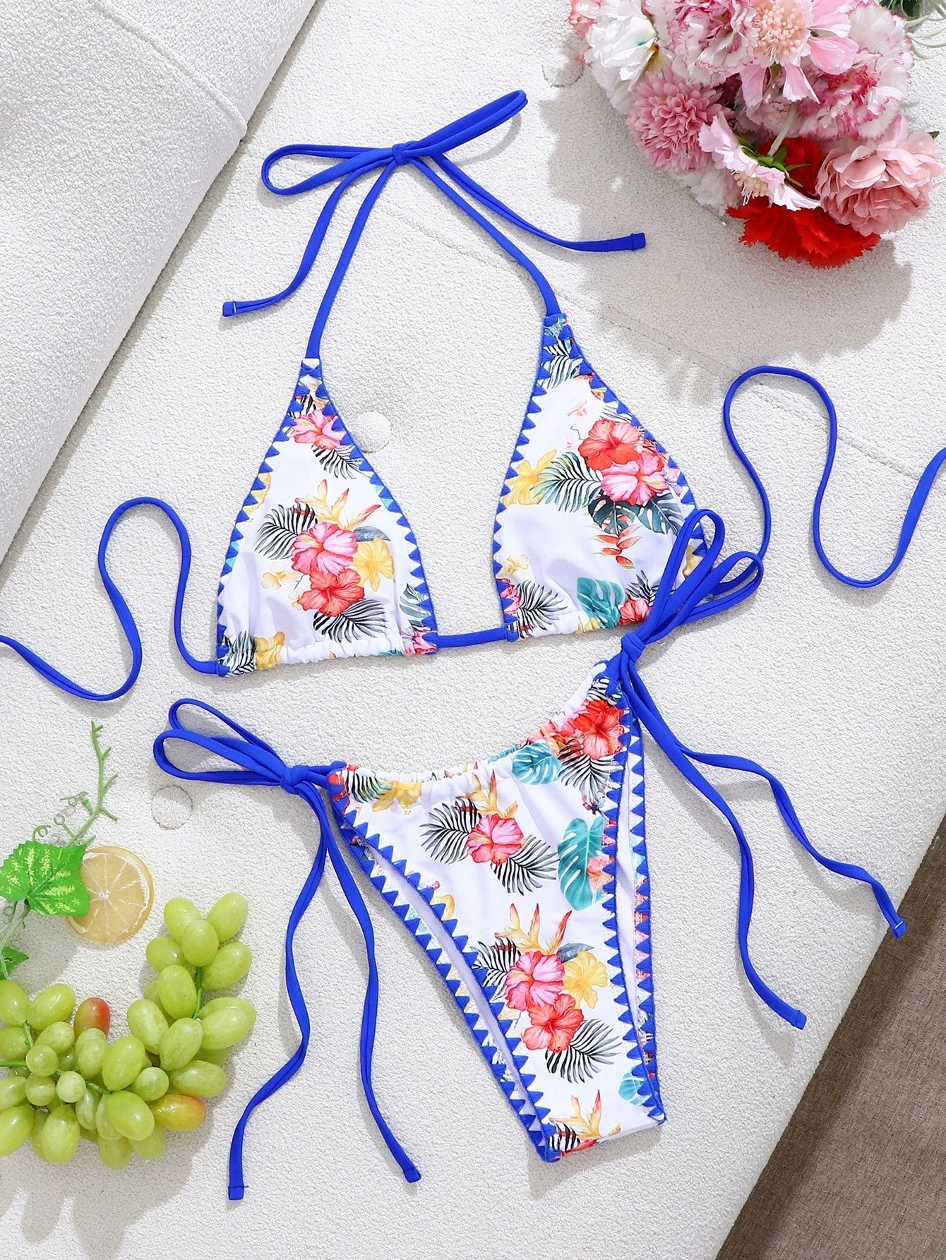 DEKA Brazilian Lace-Up Micro Retro blue printed Bikini Set Women Swimsuit TrendThong Bikini Beach Wear Female Swimwear Woman