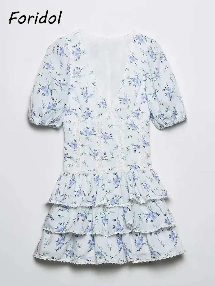 Foridol Blue Flower Print Women Tiered Mini Aummer Autumn Beach Dress Puff Sleeve Vintage Party Cotton Short Boho Lace Dress