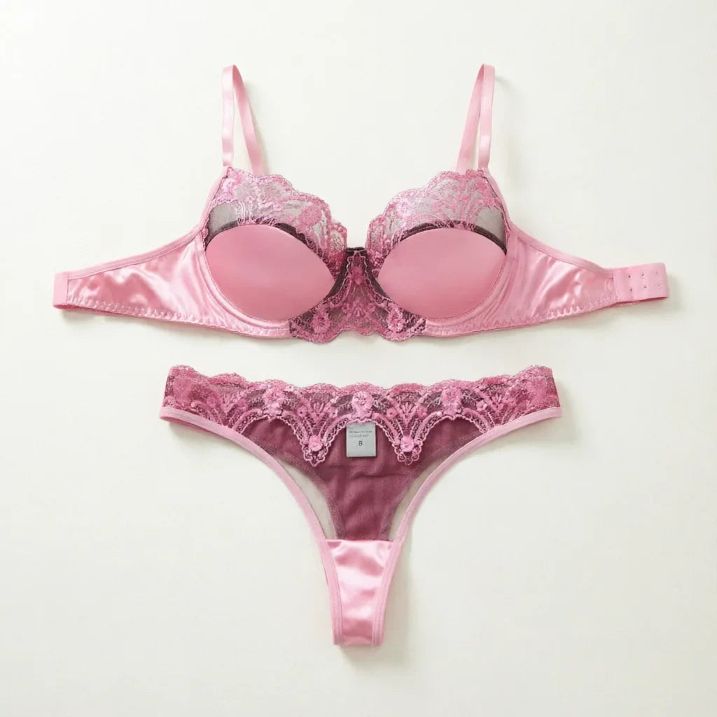 Pink satin lace lingerie set - gathered half-cup bra thong panties - date-oriented sensual women's lingerie ZA825289