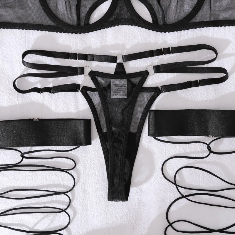 Toucheart Sexy Mesh Lingerie Split Kit with Gloves Steel Ring Laceup Patchwork Skinny See-through Hollow Interesting Private Set