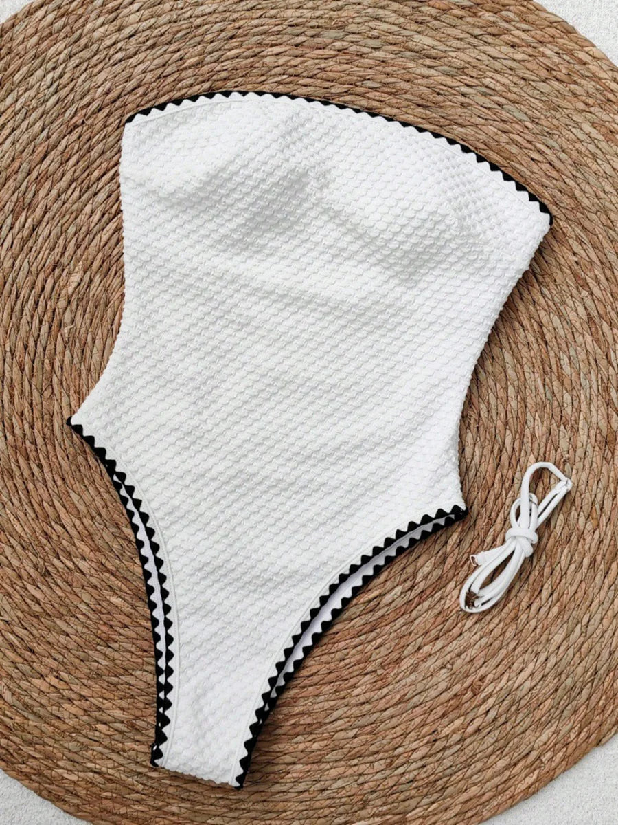 S - XXL  Splicing Wrinkled Bandeau One Piece Swimsuit Women Swimwear Female Slim Monokini High Cut Bathing Suit Swim Beachwear