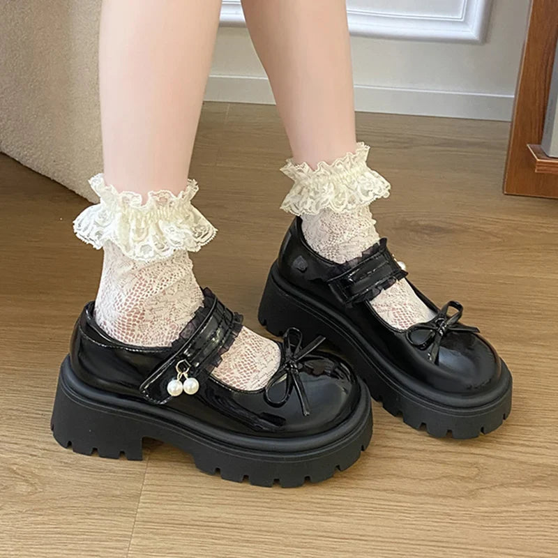 Sweet Bowknot Lace Strap Platform Mary Jane Shoes Women Korean Patent Leather Jk Lolita Shoes Woman 2025 Thick Heel Pumps Female