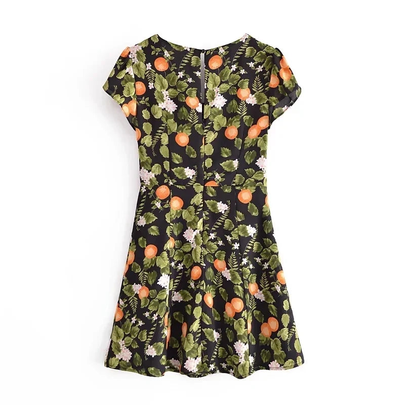 French Style Vintage Lemon Leaf Printed Green Dress Sexy Slip Midi Sleeveless Tank Dress Chiffon Women Holiday Elegant Dress