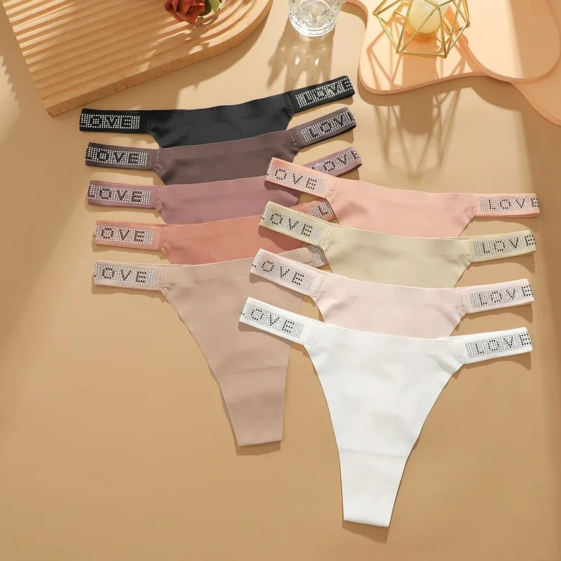New Women's Smooth Low Waist Sexy Panties Women Thongs Rhinestones Letter Diamonds G-string Sports Thong Briefs T-back Shiny
