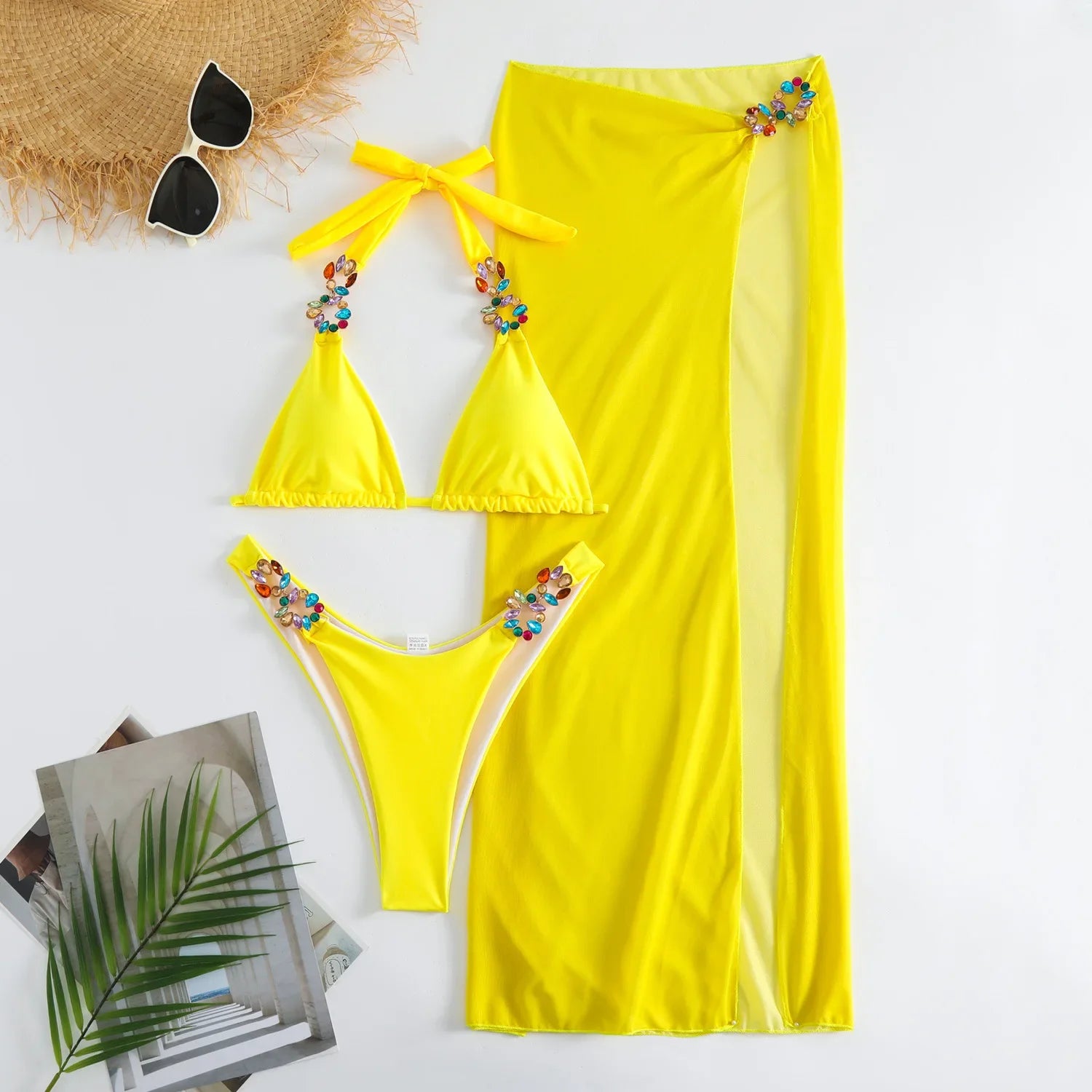 Mesh Skirt Halter Jewelled Diamond Bikini Female Swimsuit Women Swimwear Three-pieces Bikini Set Bathing Suit Swim Beachwear
