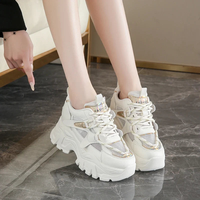 Breathable Chunky White Sneakers for Women Fashion Laser Thick Bottom Vulcanize Shoes Woman 2025 Lace Up Platform Running Shoes