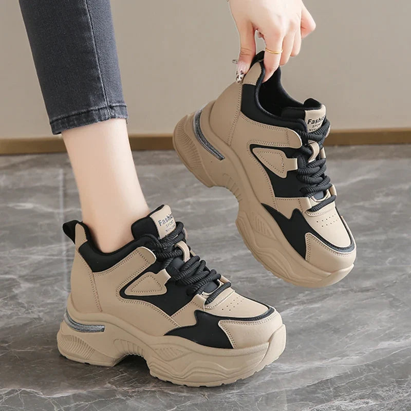 Chunky Platform Women Sport Sneaker Lace-Up Thick Bottom Vulcanize Shoes Woman Spring Autumn Pu Leather Breathable Running Shoes