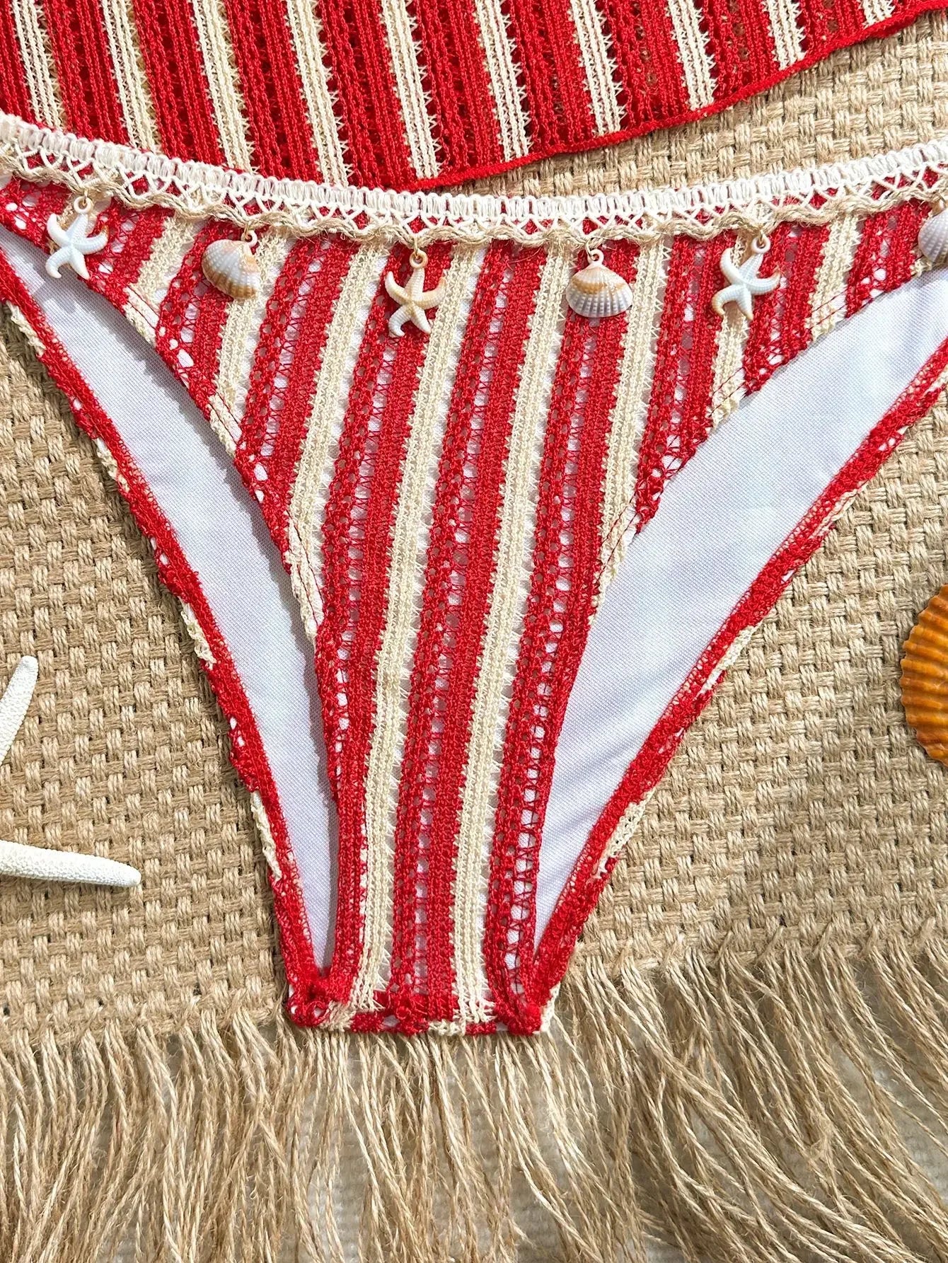Vintage Red Striped Two Piece Bikini Set 2026 Women Shell Starfish V Neck Top High Waist Swimsuit Beach Bathing Suit Swimwear