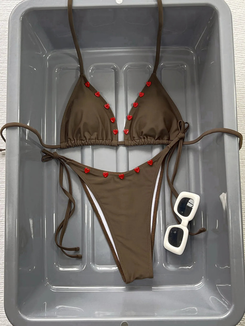New Coffee Red Contrast Bikini Set 2026 Women Halter Push Up Bra Tie Side Thong Swimsuit Summer Bathing Suit Vacation Swimwear