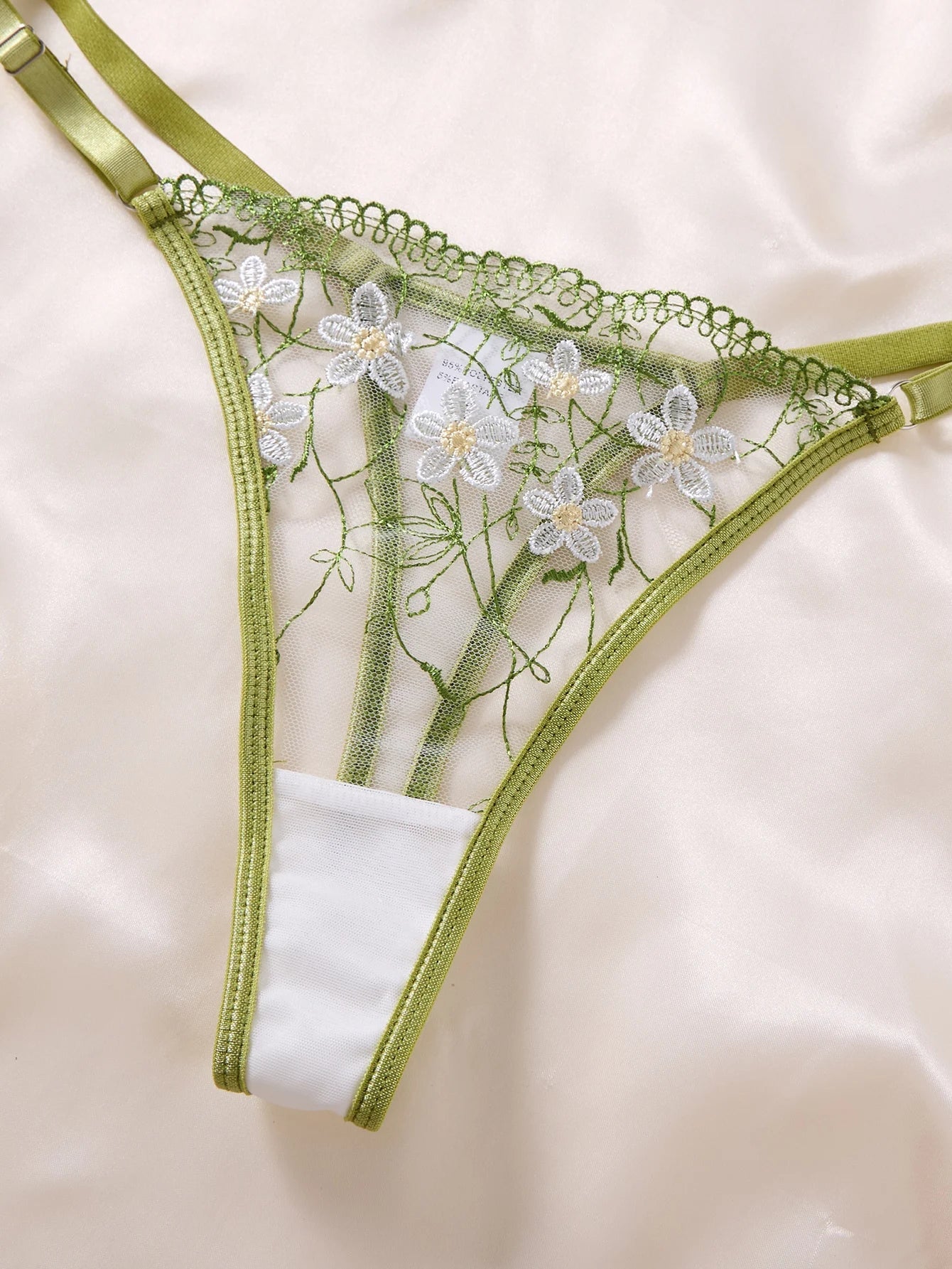 Fresh green  floral embroidered lace lingerie set-Sexy see-through chiffon half-cup shaping bra thong two-piece set ZA825194