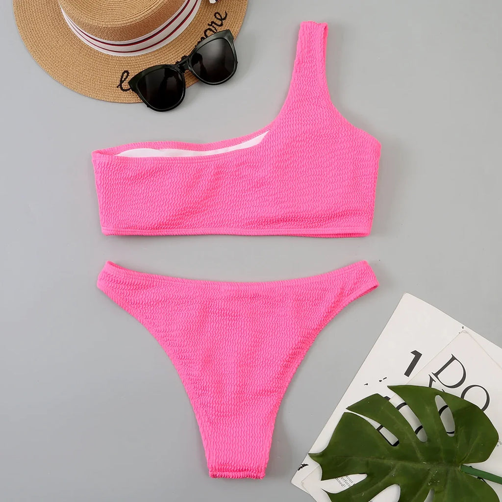 One Shoulder Bikinis 2026 Women Sexy Swimwear Female Brazilian Swimsuit Solid Beachwear Bathers Bathing Swimming Swim Suit