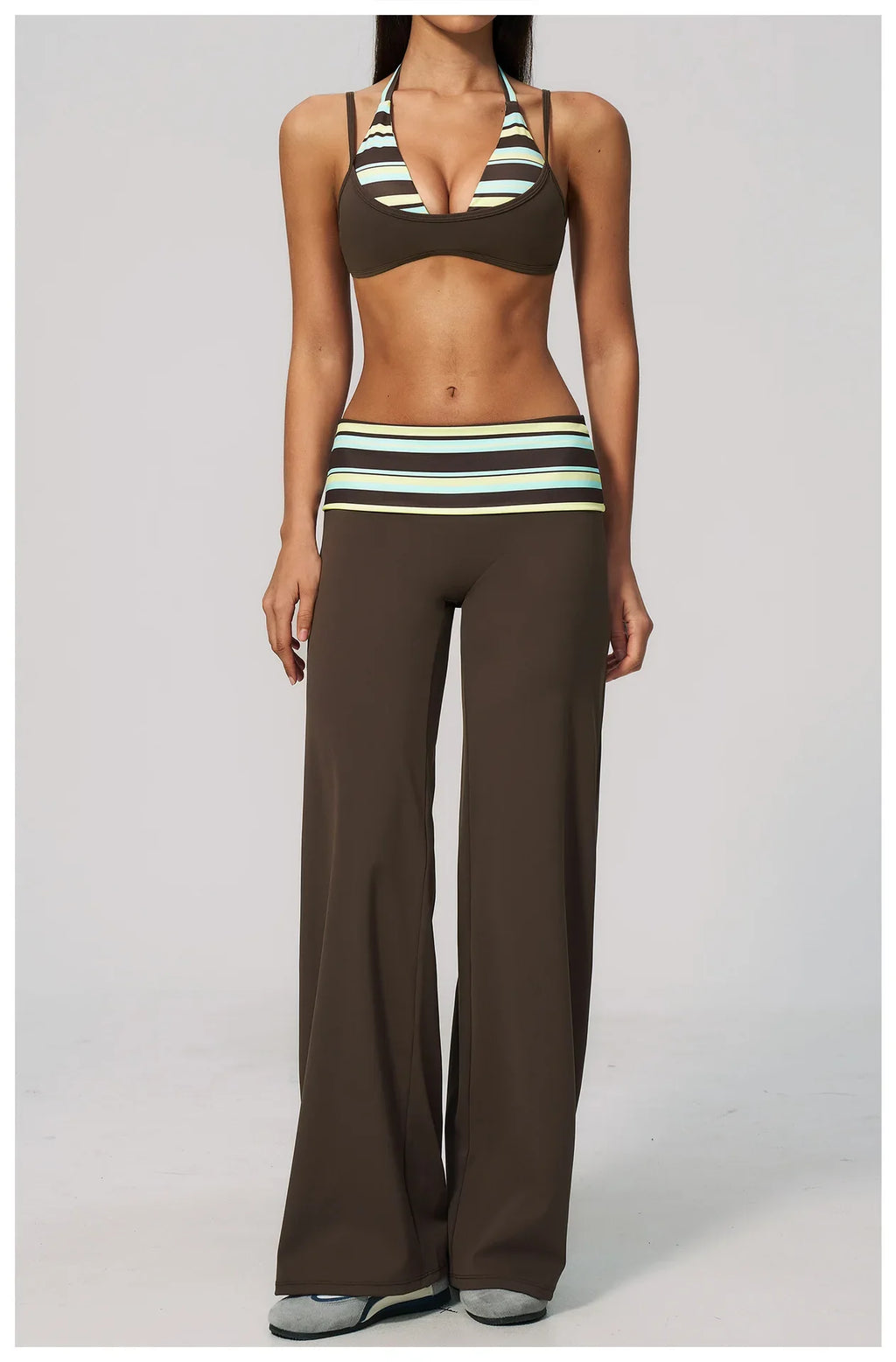 Fake Two-piece Sports Bra Yoga Sets Women Coffee Striped Patchwork Folding High Waist Wide Leg Pants Gym Running Fitness Suits
