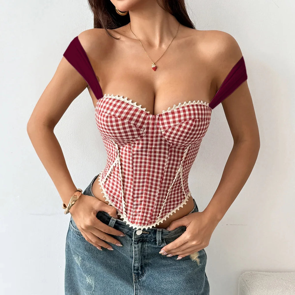 Retro French Jacquard Red Plaid Camisole 2026 Women Sexy Lace Trim Spliced Off Shoulder Chest Wrapped Fishbone Chest Party Tops