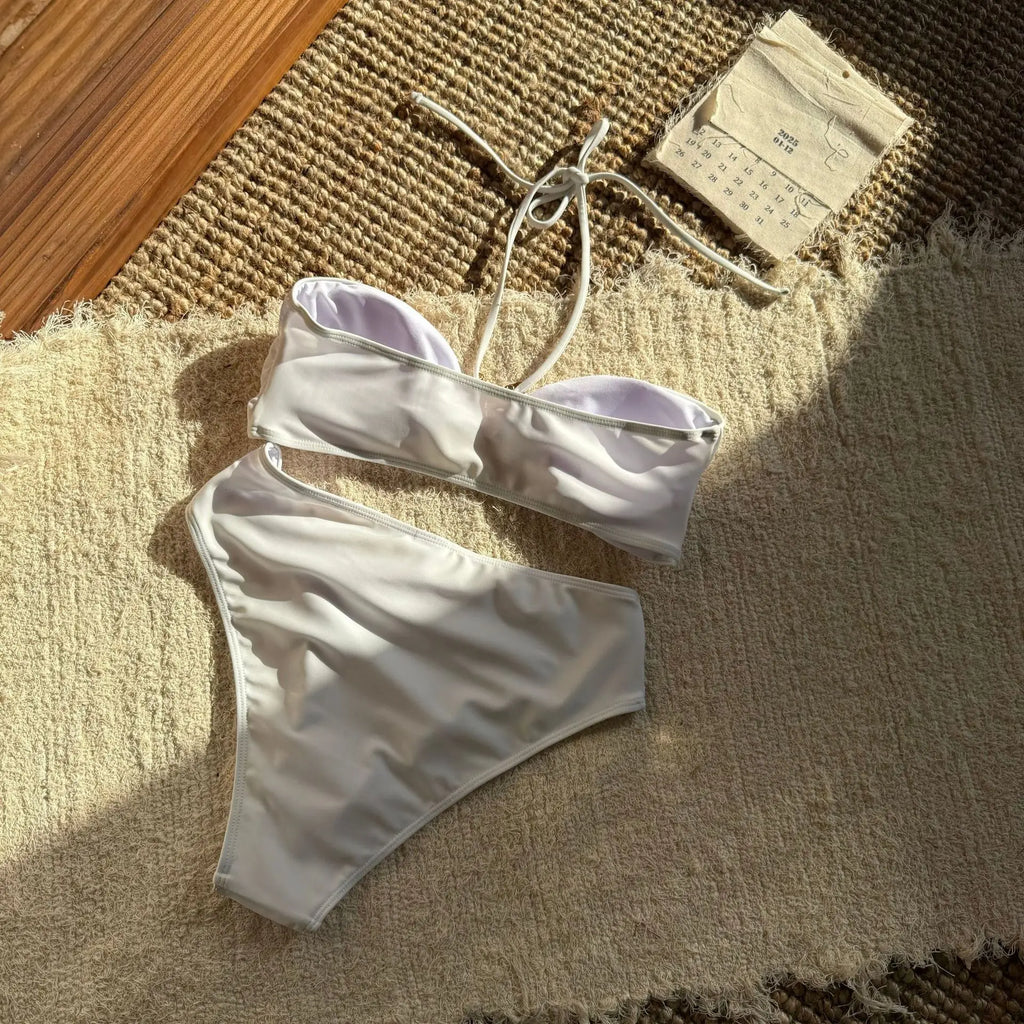 Sexy Metal Five-pointed Star Bikini Set Women White Halter Pleate Push Up High Waist Swimsuit 2025 Summer Bathing Suit Swimwear