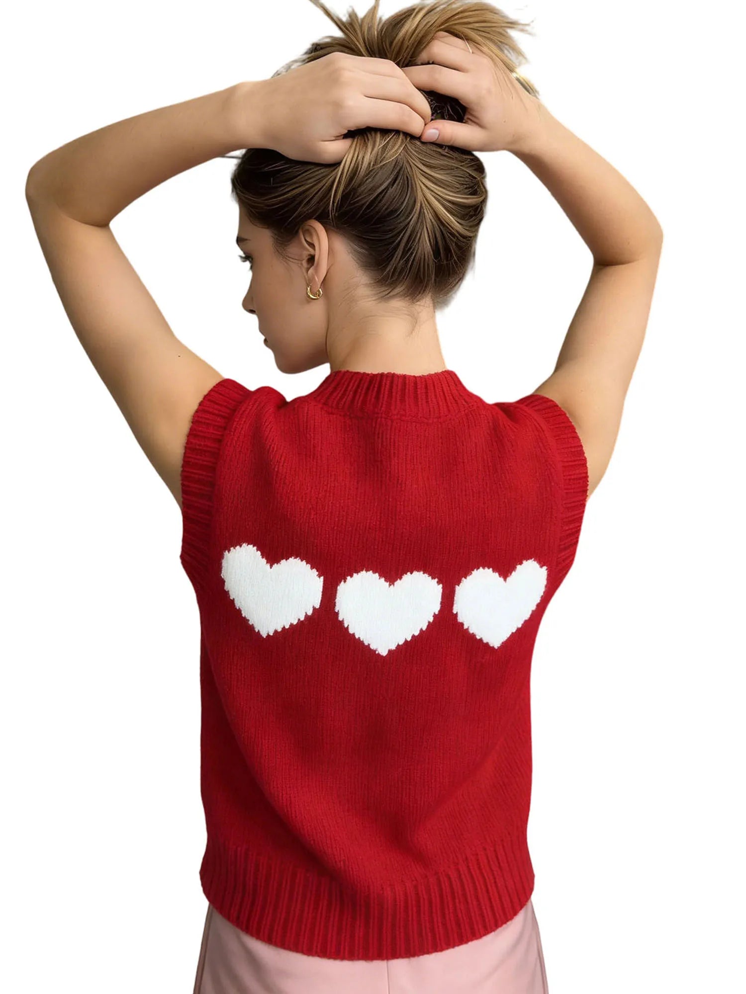 Women 2026 Sleeveless Crew Neck Pullover Fashion Daily Wear Top Cute Heart Print Pink Knitted Vest