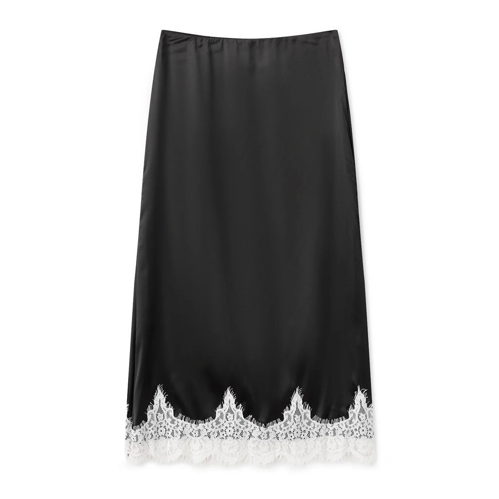 Women Solid Color Satin Long Skirs Elegant Low Waist Lace Patchwork Flowy Summer Skirt for Casual