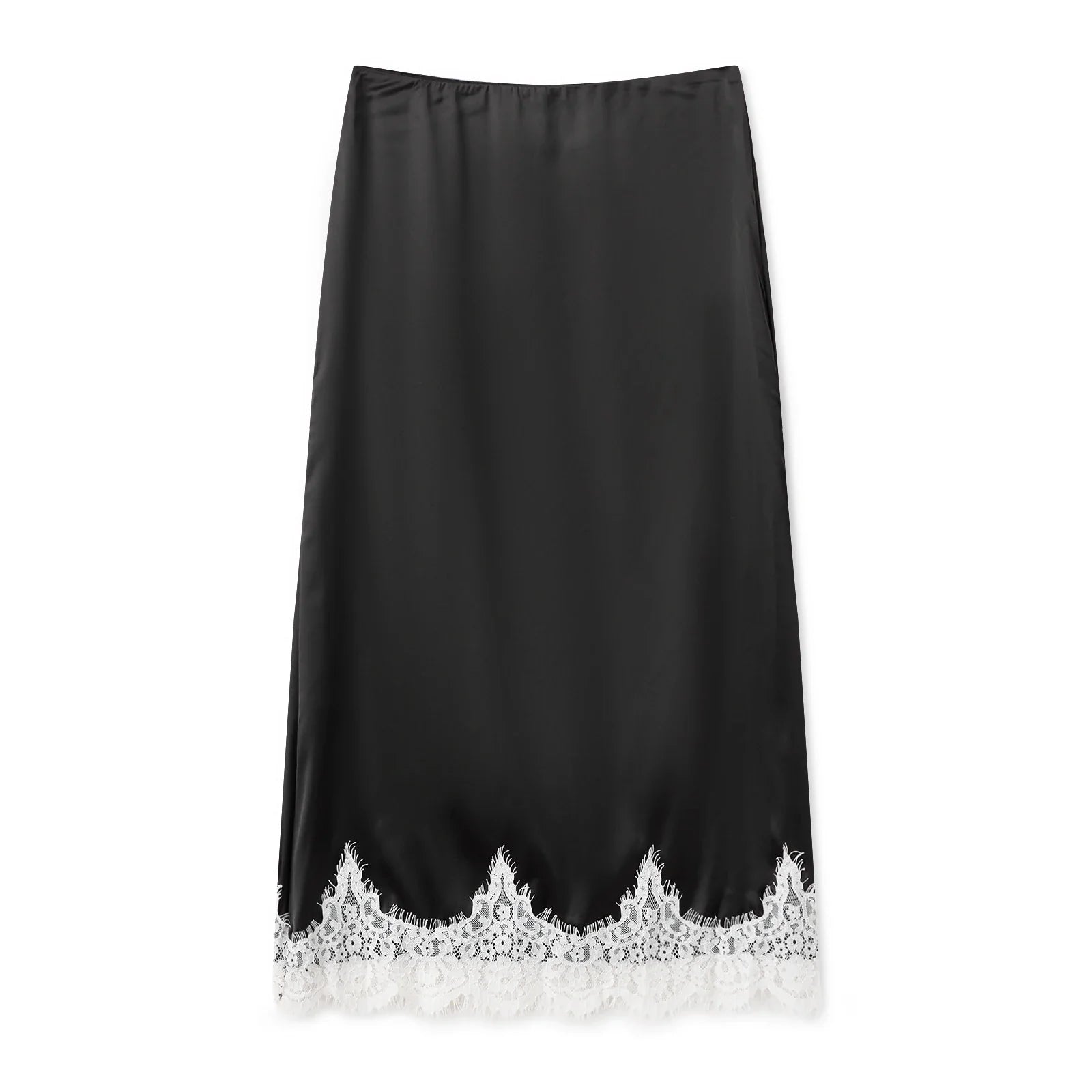 Women Solid Color Satin Long Skirs Elegant Low Waist Lace Patchwork Flowy Summer Skirt for Casual