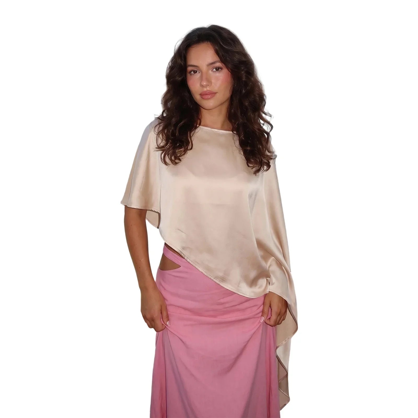Women Spring Summer Satin Asymmetrical Hem Poncho Solid Color Round Neck Loose Shawl Wraps Cape Tops