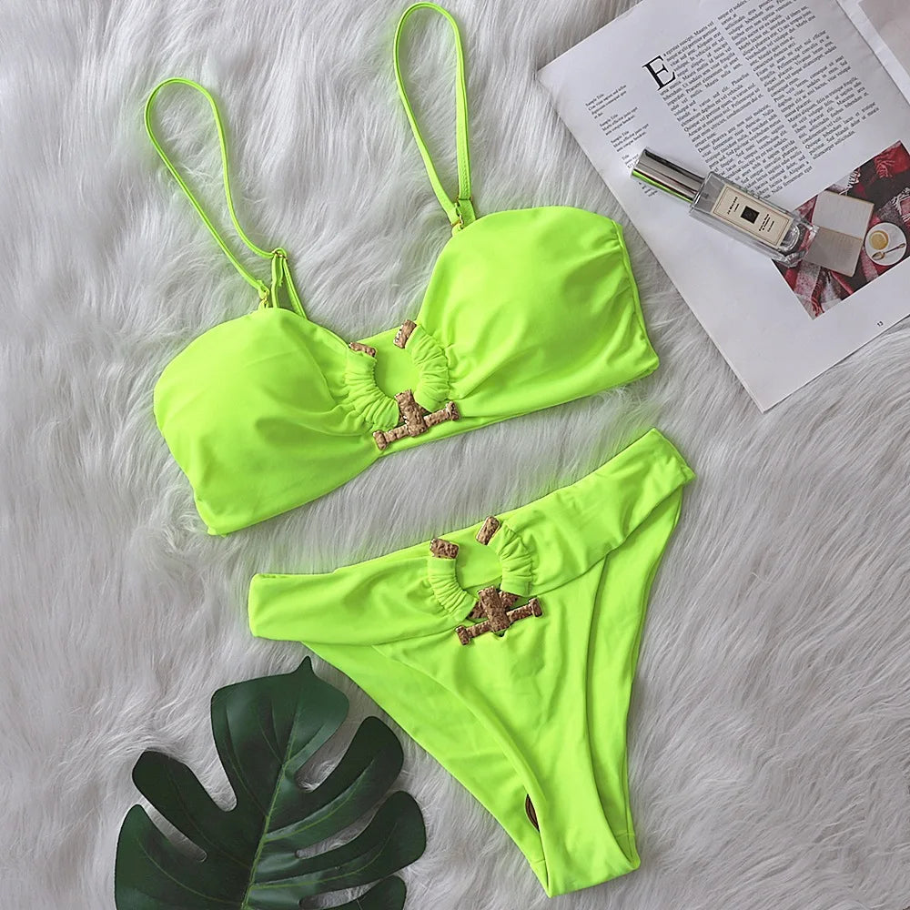 DEKA Bandeau U-Neck Metal Bikini Set Push Up Padded Cup Swimwear Women Solid Swimsuit Beachwear Water Swiminmg Bathing Suit