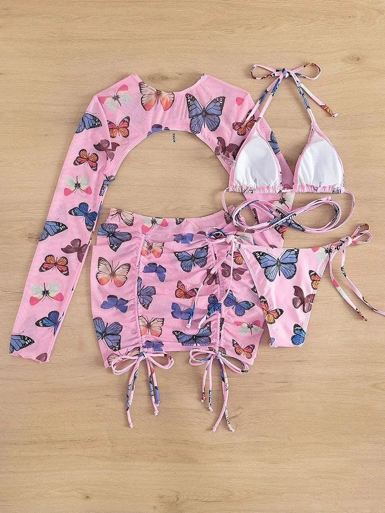 Long Sleeve Printed Halter Bikini Female Swimsuit Women Swimwear Four-pieces Bikini Set with Mesh Skirt Bathing Suit Beach Wear