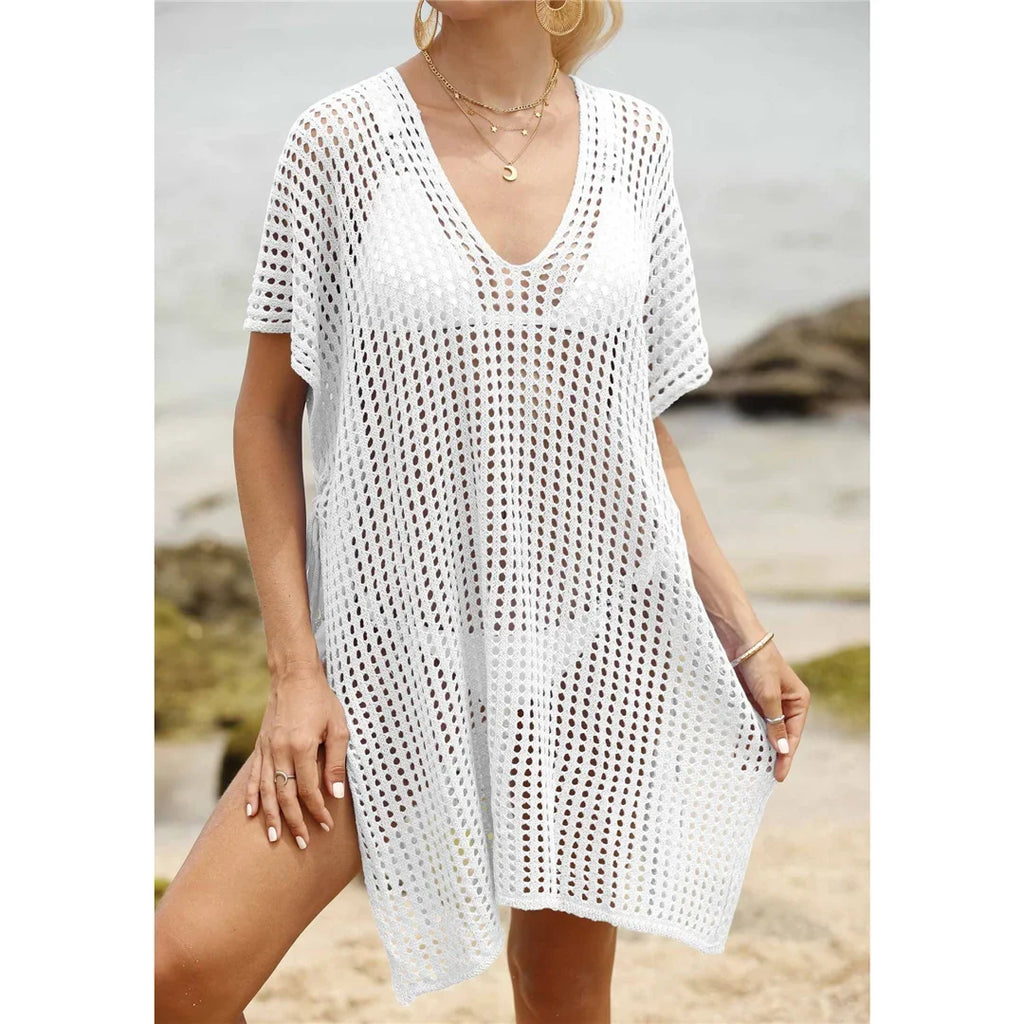 Short Sleeve V Neck Hollow Out Crochet Knitted Tunic Beach Dress Beach Wear Beachwear Beach Cover Up Cover-upsFemale Women V8061
