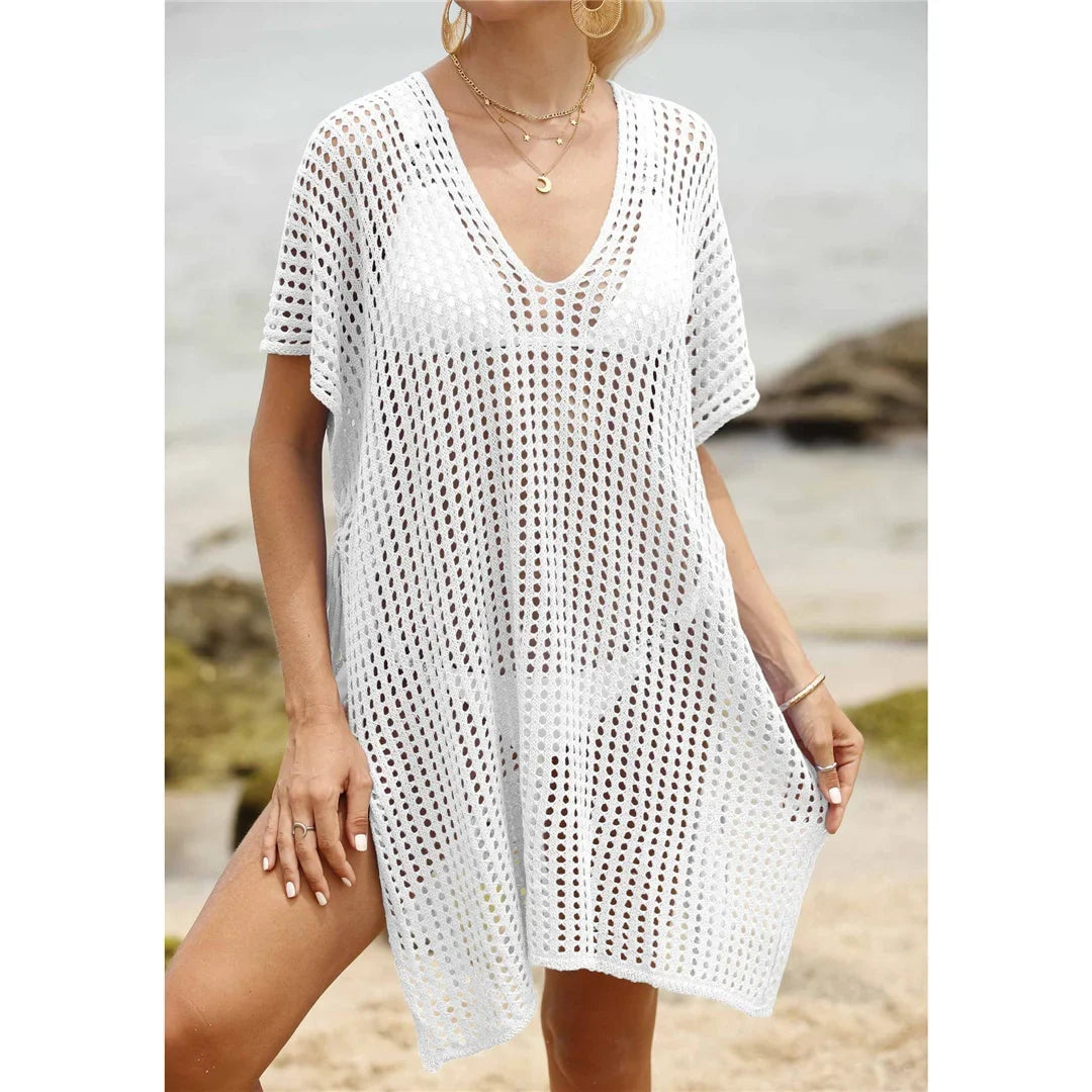 Short Sleeve V Neck Hollow Out Crochet Knitted Tunic Beach Dress Beach Wear Beachwear Beach Cover Up Cover-upsFemale Women V8061