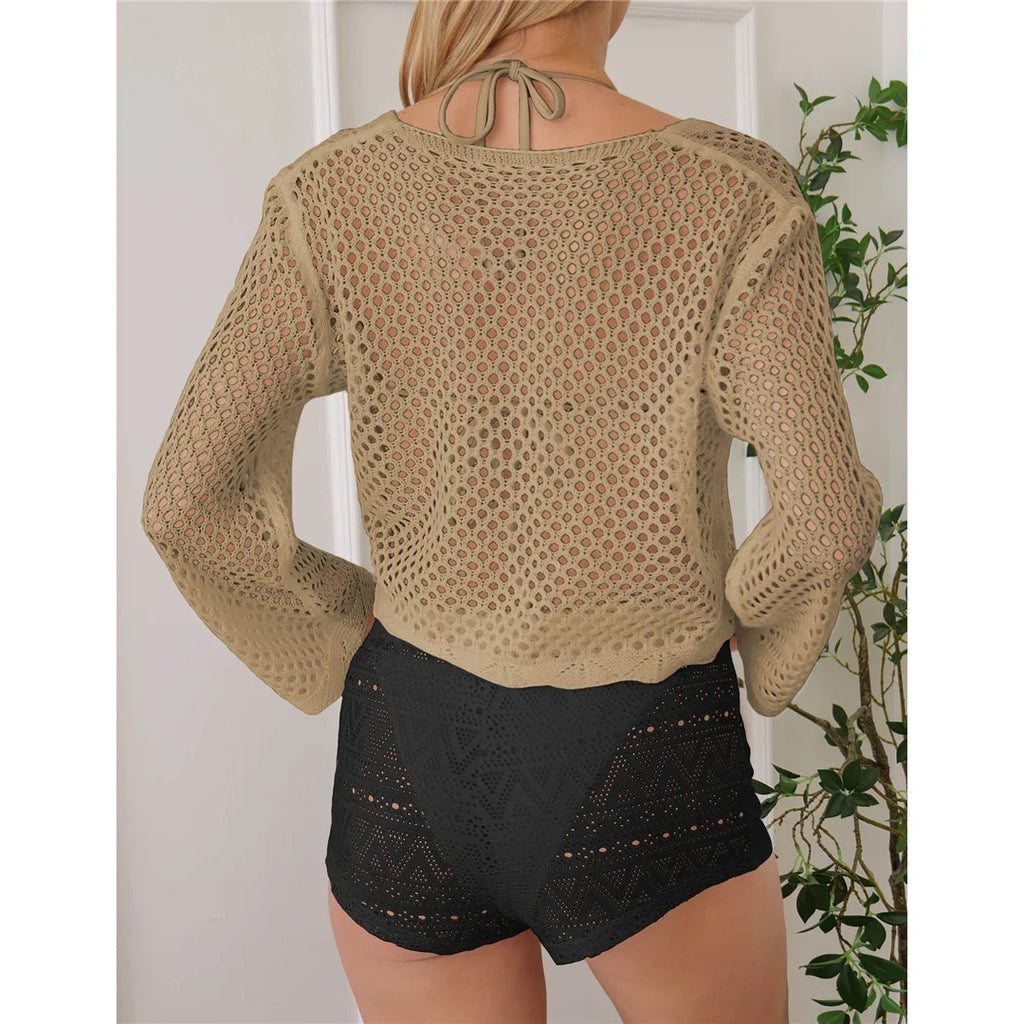 V Neck Long Sleeve Hollow Out Crochet Knitted Tunic Beach Dress Beach Wear Beachwear Beach Cover Up Cover-upsFemale Women V7192