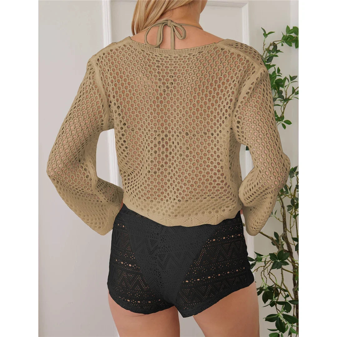 V Neck Long Sleeve Hollow Out Crochet Knitted Tunic Beach Dress Beach Wear Beachwear Beach Cover Up Cover-upsFemale Women V7192