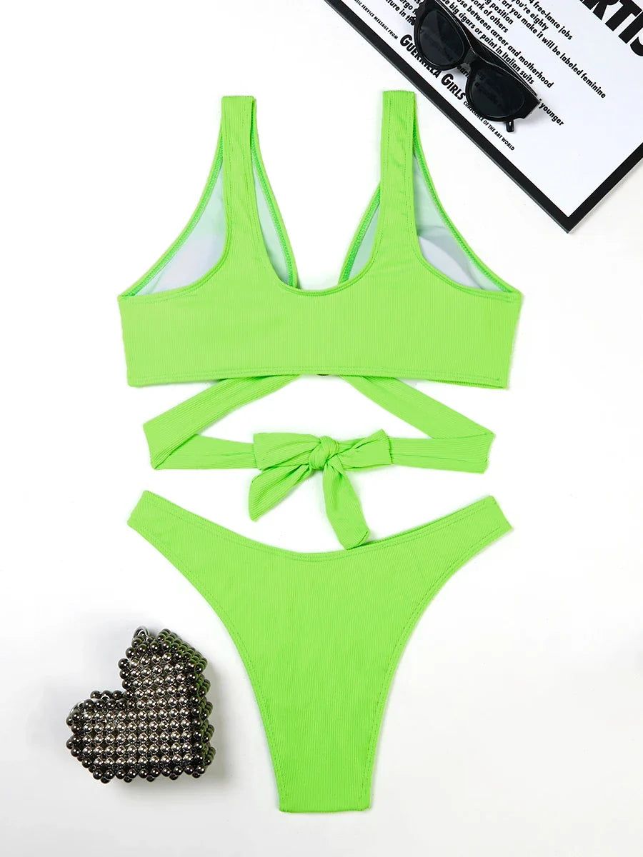 2026 Ring Linked Bikini Solid Bandage Swimwear Female Sexy Swimsuit Women Bathers Bathing Swimming Swim Suit Beachwear