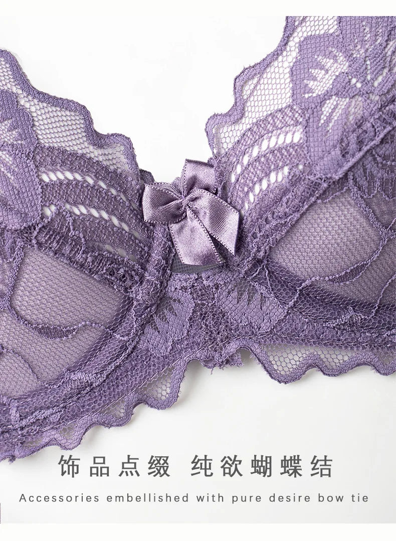 Ultra Thin Lingerie Set, French Lace Underwire Bra for Large Boobs Push Up & Gather, Sexy Pure Design, Breathable Comfort MOYISU