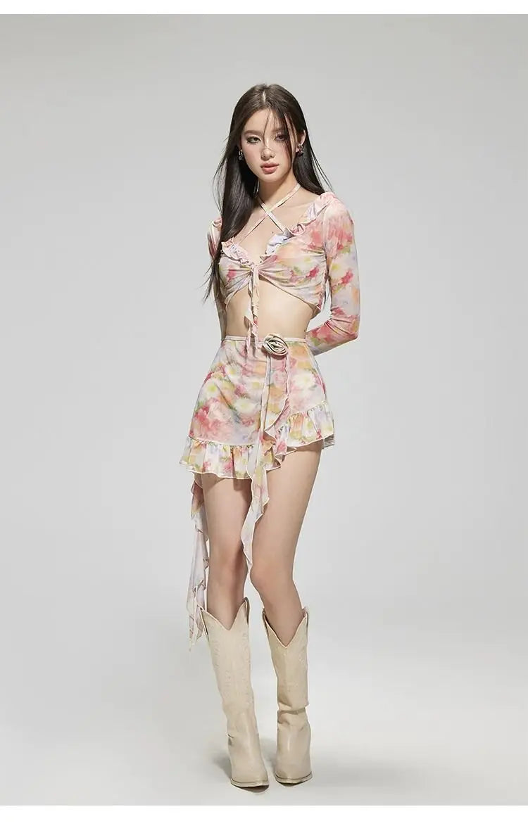 Bikinis Set Swimsuit Women Sweet Floral Prints Summer Girlish Sexy Ruffles Korean Style High Waist Swimwear Fashion Beach Wear